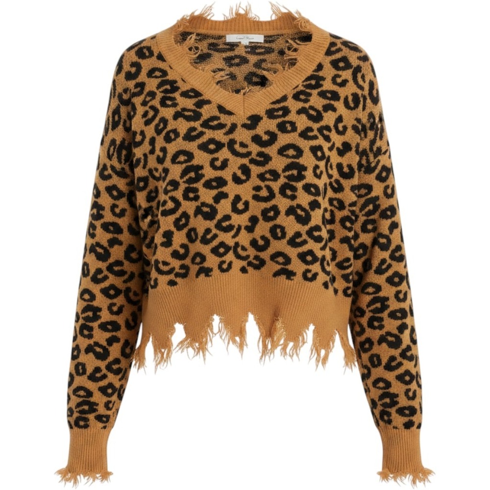 Love Tree Women's Leopard Crop V-neck Sweater Raw Hem Size Large- Animal Print